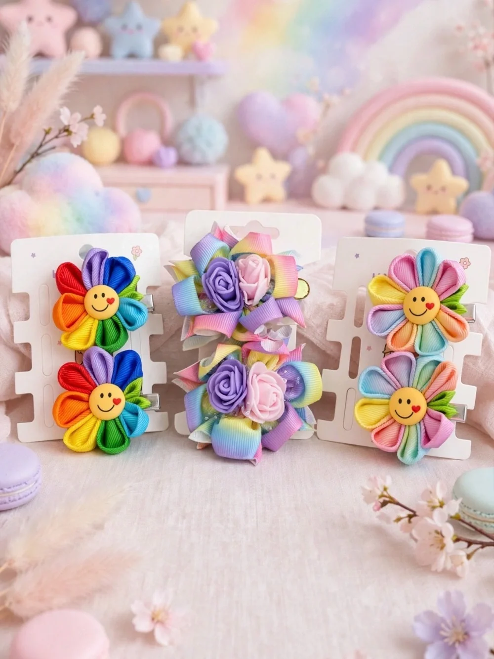 Rainbow Flower Smile Hair Clips - Pastel & Bright Multi-Color Set